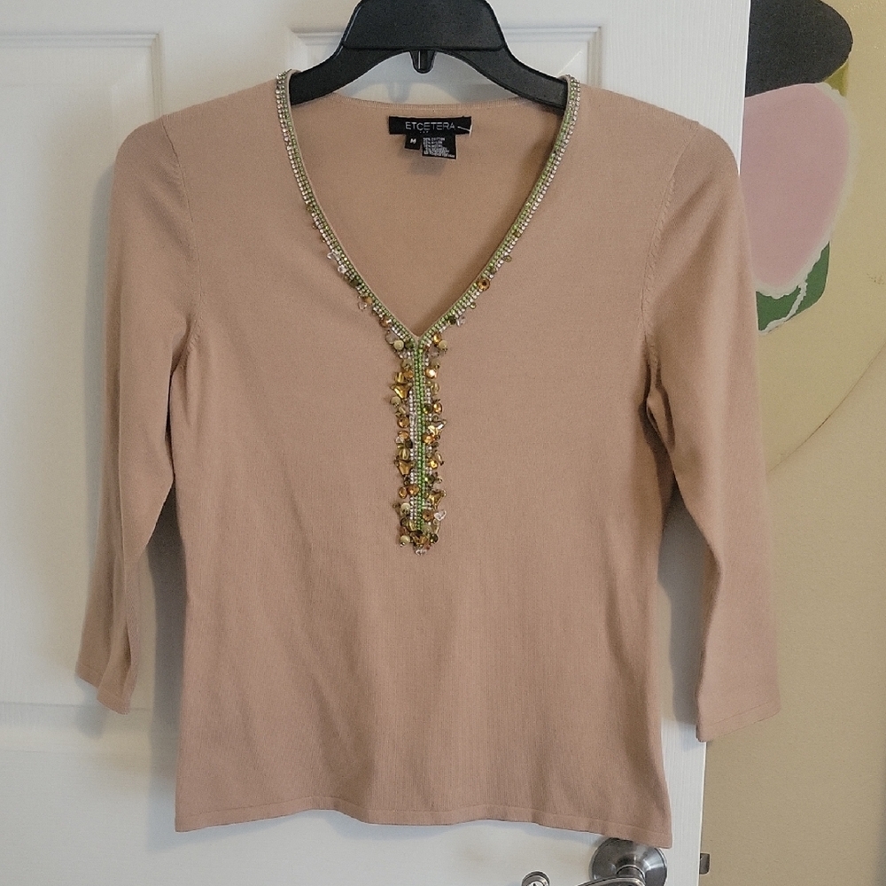 Etcetera SzMed Cotton blend  Beige Knit Top beaded chrystal embedded v-neckline